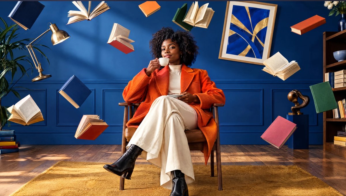 Een vrouw leunt ontspannen achterover met een kop koffie terwijl boeken om haar heen zweven: het rekenwerk is uit handen